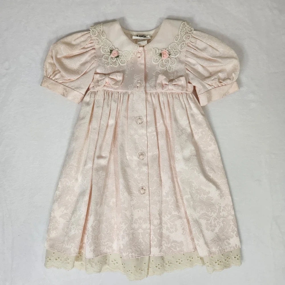 Vintage Little Penguin Girls Pink Damask Lace Dress Size 4 Rose Eyelet USA Made